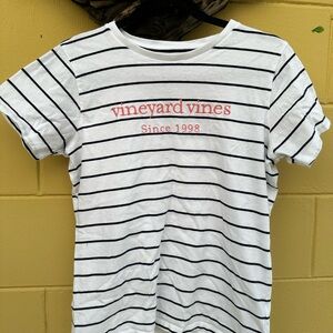 Vineyard Vines White Striped Tee with Pink Logo